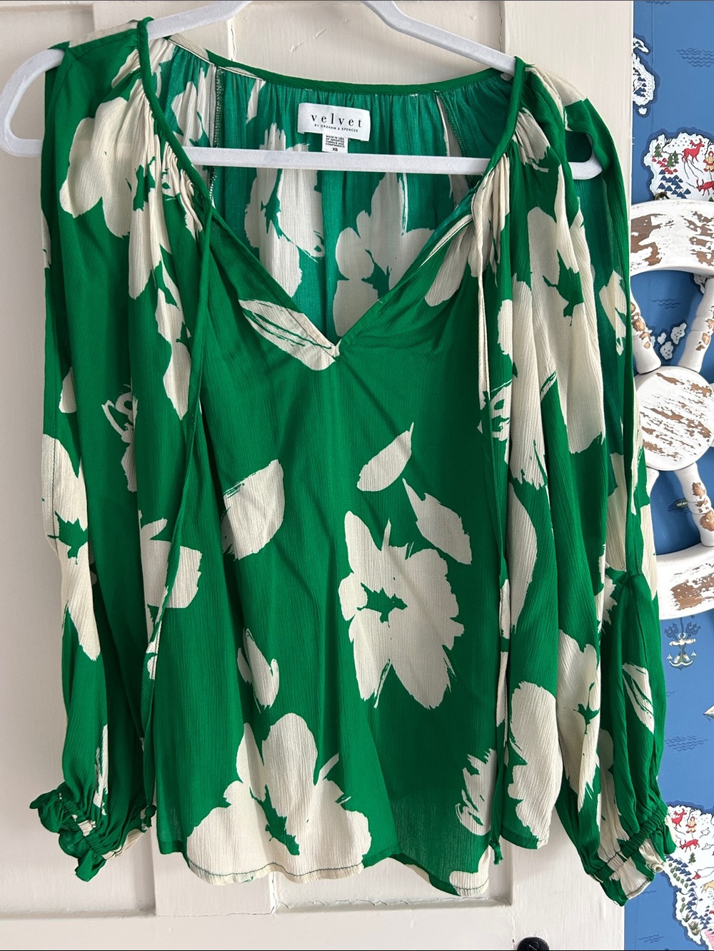 Velvet Green and Ivory Floral Peasant Blouse